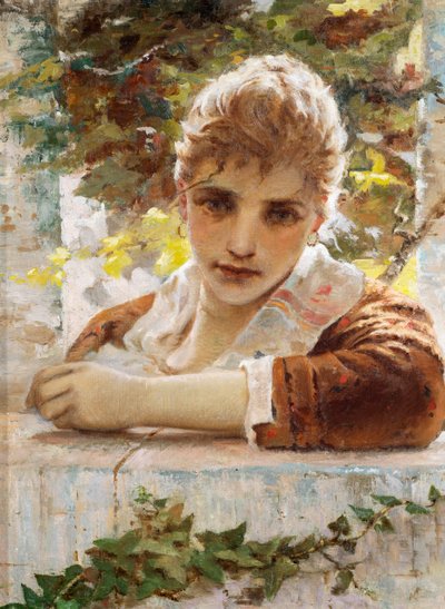 Woman on porch by Eugenio Prati (1842-1907) by Eugenio Prati