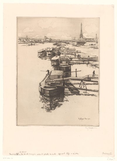 Quay with Omnibus Boats in Paris with the Eiffel Tower in the Background by Eugène Bejot (signed by artist)