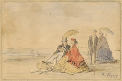 A Couple Seated and a Couple Walking on the Beach by Eugène Boudin