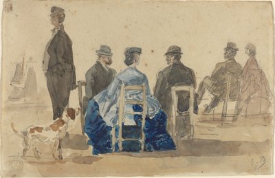 Ladies and Gentlemen Seated on the Beach with a Dog by Eugène Boudin