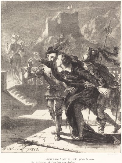 Hamlet Wishes to Follow the Ghost of His Father (Act I, Scene IV) by Eugène Delacroix