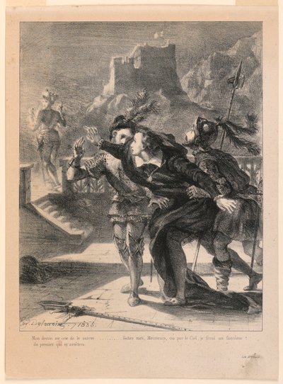 Illustration for Hamlet: Hamlet Tries to Follow the Ghost of His Father (I,4) by Eugène Delacroix