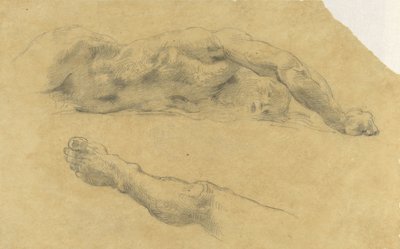 Reclining Naked Man; His Leg Drawn Separately by Eugène Delacroix