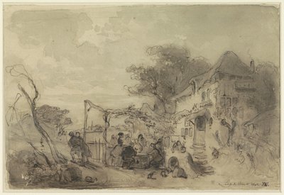 Company on terrace in front of an inn along a road by Eugène François de Block