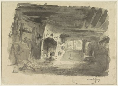 Interior with Kneeling Woman by the Hearth by Eugène François de Block