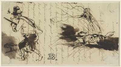Hunter with dog, drawn over a letter by Eugène François de Block