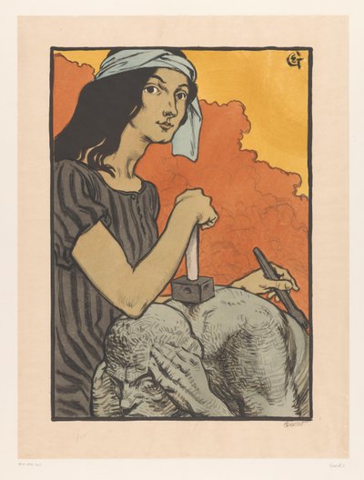 Sculptress Working with Chisel and Hammer on a Sculpture (La Sculpture) by Eugène Grasset (signed by artist)