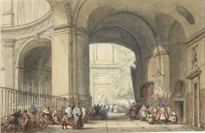 Interior of S. Roche in Paris, with a Procession in the Foreground by Eugène Louis Lami (possibly)
