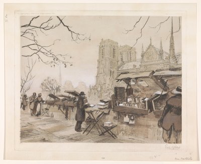 View of the Quai de Montebello in Paris by Eugène Véder (signed by artist)