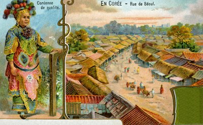A Korean lady in traditional dress and a view of a street in Seoul, 1904 by European School