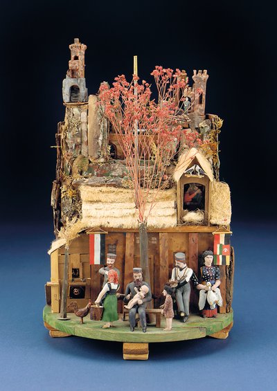 A Military Mechanical Scene of Soldiers, the Wooden Figures Outside a Thatch House, Late 19th Century by European School