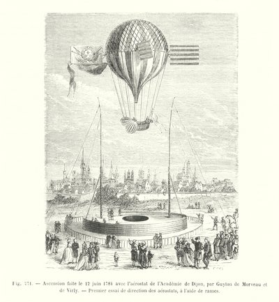 Ascent on June 12, 1784 with the Aerostat of the Academy of Dijon, by Guyton de Morveau and de Virly, First Attempt to Steer Aerostats Using Oars (engraving) by European School