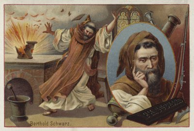 Berthold Schwarz, legendary 14th Century German alchemist said to have invented gunpowder by European School