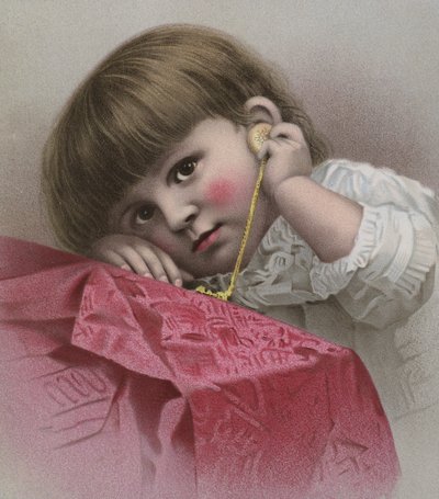 Brown-haired, big-eyed child listening to the tick of a gold watch by European School