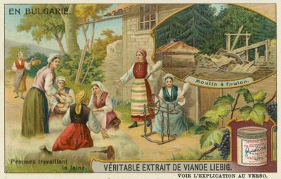 Bulgarian women spinning wool and a fulling mill by European School