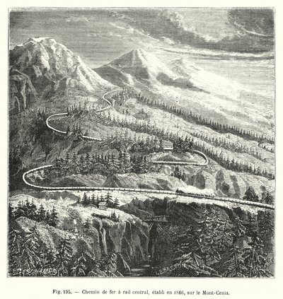 Central Rail Railway, Established in 1866, on Mont-Cenis (engraving) by European School