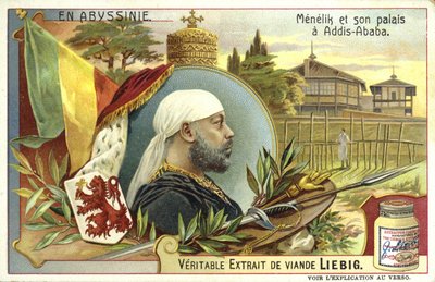 Emperor Menelik II of Ethiopia and his palace at Addis Ababa by European School