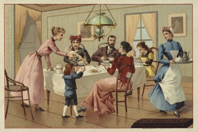 Family drinking chocolate by European School