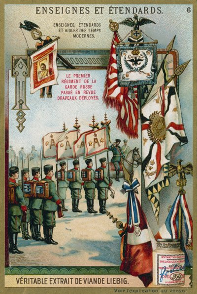 First Regiment of the Russian Guards being reviewed with flags deployed by European School