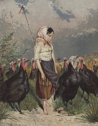 Girl looking after a flock of turkeys by European School