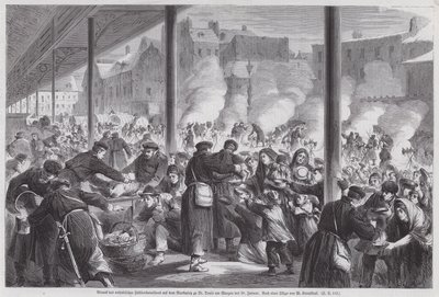 Hungry Parisians begging for food from German soldiers camped on the market square of St Denis after the end of the Siege of Paris, Franco-Prussian War by European School