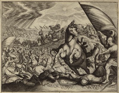 Israelites defeating the Amorite army after Joshua commanded the Sun and Moon to stand still by European School