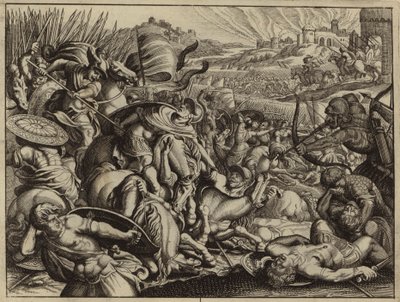 Israelites defeating the Benjamites and burning their city by European School