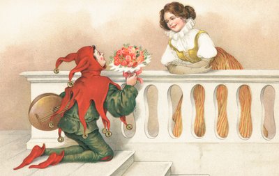 Jester Presenting Roses to a Pretty Girl on a Balcony by European School