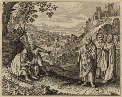 Jesus Christ restoring the sight of a blind beggar by European School