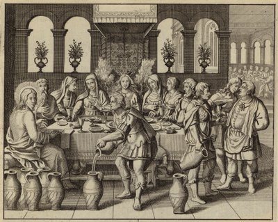 Jesus Christ turning water into wine at the wedding in Cana by European School