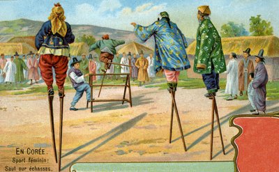 Korean women on stilts playing a game of jumping over hurdles, 1904 by European School