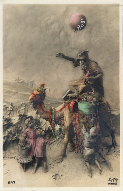 Man on a Camel Bringing Gifts to Children at Christmas by European School
