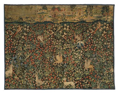 Mille fleurs tapestry fragment depicting animals, birds and landscape, c.1500 by European School