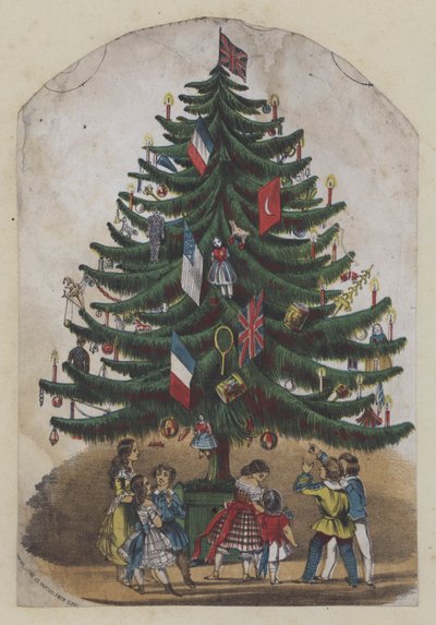 People under a Christmas tree, greetings card by European School