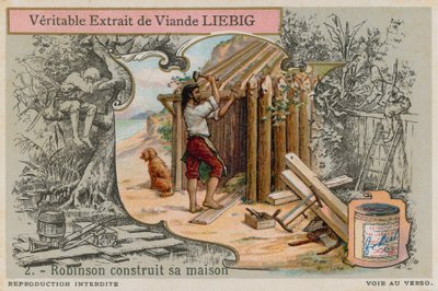Robinson Crusoe building his hut by European School