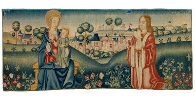 Tapestry fragment of mille fleurs depicting Saint Benedict presenting his heart to the Virgin Mary by European School