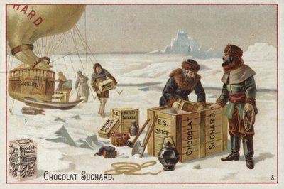 Unloading cases of Suchard chocolate from a balloon in the Arctic by European School