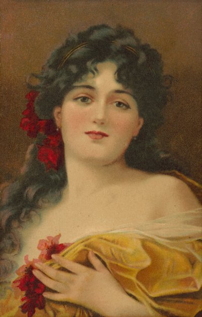 Woman in a Gown with Red Flowers by European School