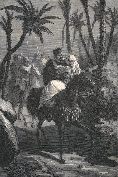 Cervantes rides a horse with a woman in an oasis by Eusebio Planas