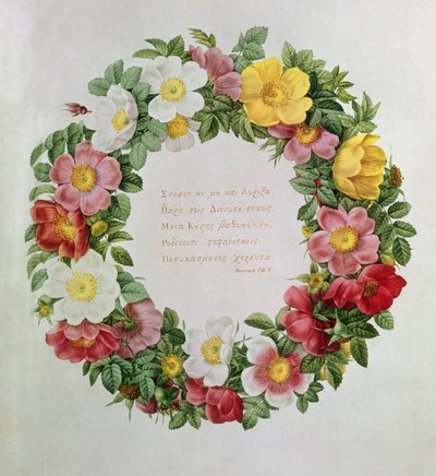 Claude-Antoine Thory Les Roses, Frontispiece: Garland with an Epigraph of Ode V by the Greek Poet Anacreon, 1817 by Eustache Hyacinthe Langlois
