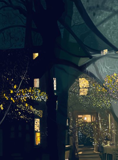 Shadows on Window and View Across Street at Night by Evan Sklar