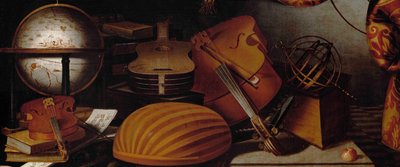 Still Life with Musical Instruments, Globe and Armillary Sphere (detail) by Evaristo Baschenis