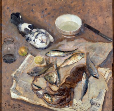 Still life Fish and pigeon by Evasio Montanella