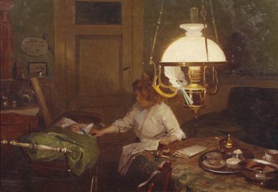 Interior with mother and child by Even Ulving