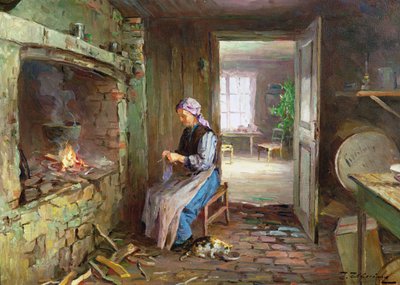Woman Knitting by the Fireplace by Even Ulving