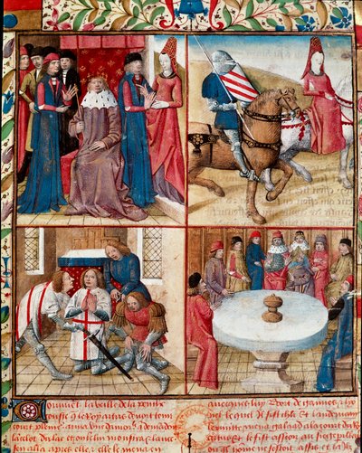 King Arthur holding court, Lancelot led by a lady to the abbey, softening from Galahad to the abbey and the knights of the Round Table around the Holy Grail Manuscript page 