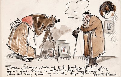 Caricature of Shinn being photographed by Gertrude Kasebier by Everett Shinn