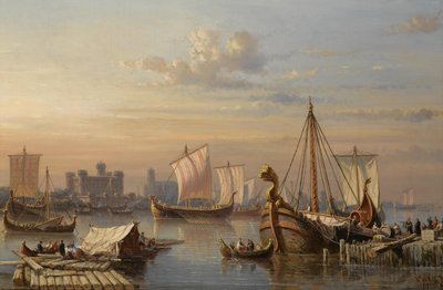 Viking ships on the River Thames by Everhardus Koster