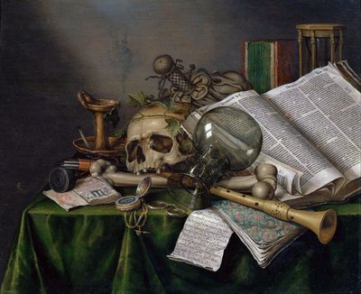 Vanitas - Still Life with Books and Manuscripts and a Skull by Evert Collier