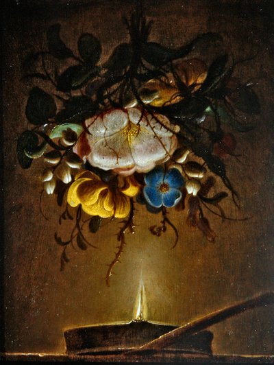 A still life with a bouquet of flowers hanging near a candle by Evert van Aelst